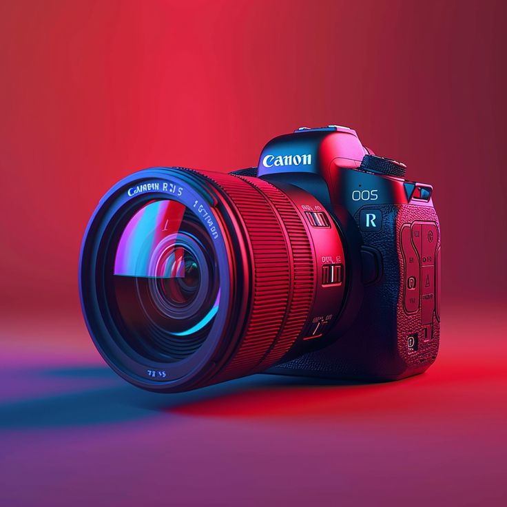 A camera with a lens cap on it is on a red background